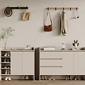 Light Gray Shoe Cabinet With Decorative Items Books And Wall Hooks For Hats Bags Coats
