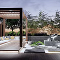 Courtyard Garden Design With Wooden Pergola Seating Area Water Fountain And Lush Greenery