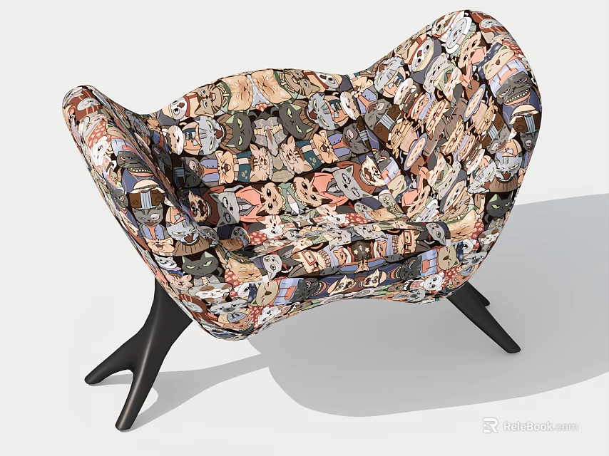 Stylish Cartoon Patterned Fabric Chair With Unique Design And Black Legs 3d model 