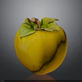 Ripe Yellow Persimmon With Green Leaves And Brown Stem On Dark Background