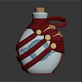 Wine Bottle And Glass With Red Cloth Wrapping Cork Gold Buttons Blue Embroidery White Body