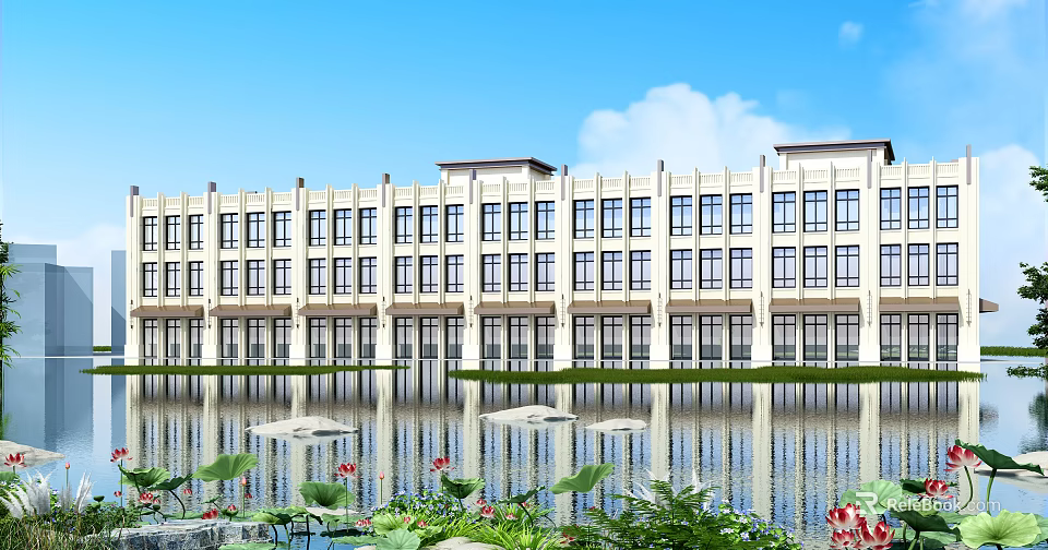 Modern Hotel Building with Water Reflection in Front and Lotus Flowers Among Green Plants 3d model 