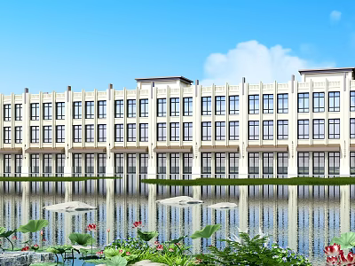 Modern Hotel Building with Water Reflection in Front and Lotus Flowers Among Green Plants 3d model