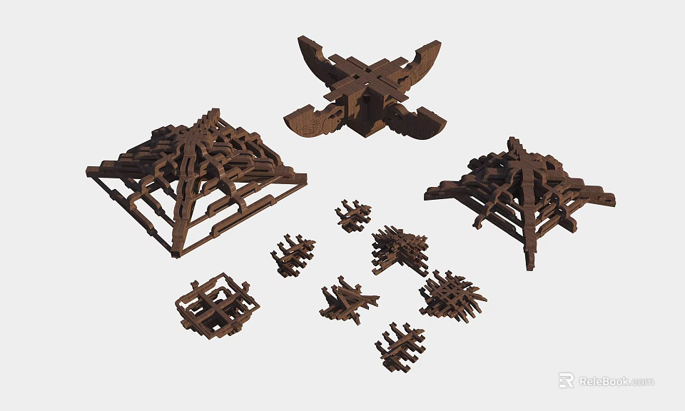 Intricate Wooden Architectural Components Featuring Complex Structural Designs And Various Sizes 3d model