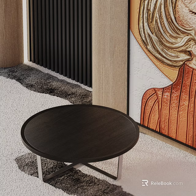 Modern Sofa and Coffee Table Set with Round Black Top Metal Legs and Decorative Art 3d model 