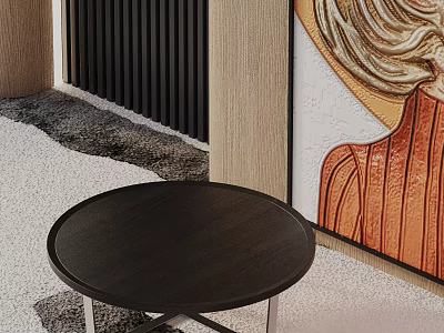 Modern Sofa and Coffee Table Set with Round Black Top Metal Legs and Decorative Art 3d model