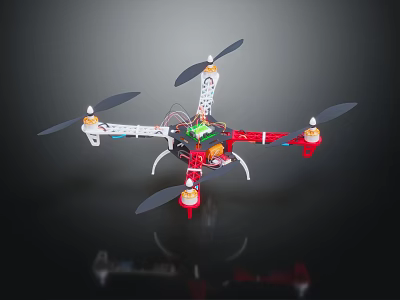 Smart Machine Quadcopter Drone with Red and White Frame and Electronic Components 3d model