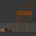 Wooden Watchtower Structure With Staircase Elevated Platform Fence And Storage Crates