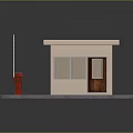 Small Beige Building With Wooden Door Windows And Red Striped Pole