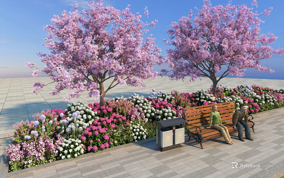 Vibrant Plant Combination with Pink Flowering Trees and Colorful Flowers in Outdoor Waterfront Area 3d model 