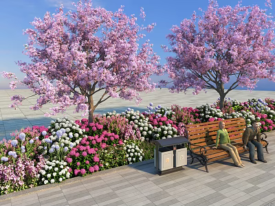 Vibrant Plant Combination with Pink Flowering Trees and Colorful Flowers in Outdoor Waterfront Area 3d model