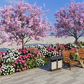 Vibrant Plant Combination with Pink Flowering Trees and Colorful Flowers in Outdoor Waterfront Area