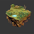 3D Illustration of Floating Island with House Trees and Small Pond