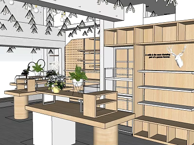 Modern Boutique Interior With Wooden Shelves Display Tables Hanging Lights and Plants 3d model