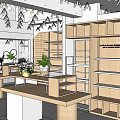 Modern Boutique Interior With Wooden Shelves Display Tables Hanging Lights and Plants