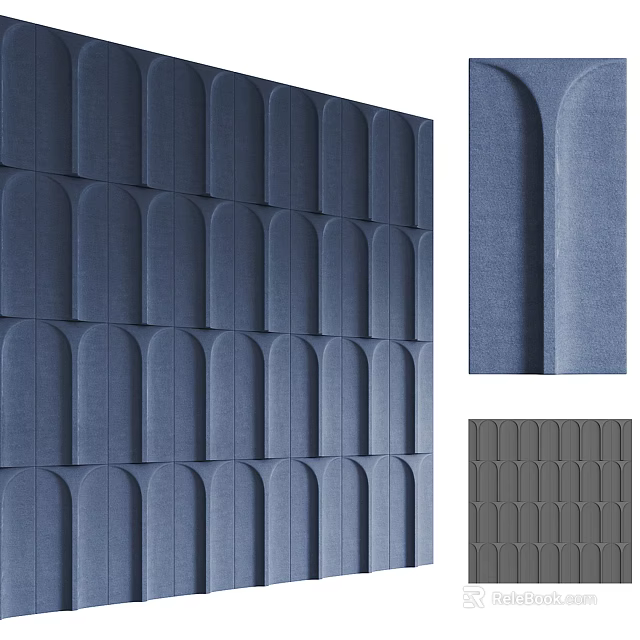 Modern Textured Blue Feature Wall With Arched Panels And Gray Modular Design 3d model 