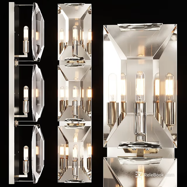 Modern Transparent Glass Wall Lamps With Metallic Base And Illuminated Bulbs 3d model 