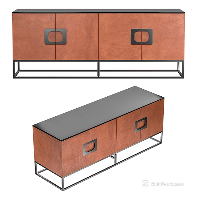 Wooden Entryway Cabinet And Side Cabinet With Brown Body Metal Frame And Black Decorative Handles 3d model 