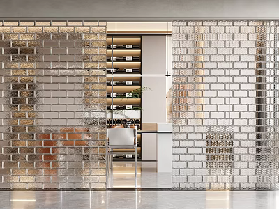 Stylish Glass Brick Partition Separating Modern Interior With Wine Rack And Seating 3d model