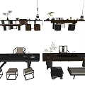 Modern Tea Table and Chairs Set with Tea Sets Potted Plants and Hanging Lamps