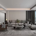Modern Living Dining Room Interior With Beige Sofa Brown Armchair And City View Window