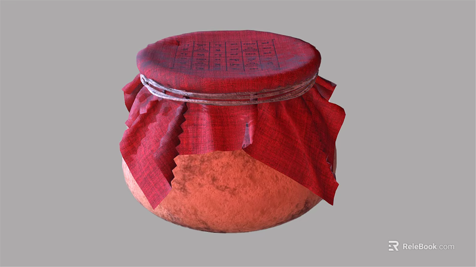 Traditional Rustic Ceramic Wine Bottle Featuring Red Cloth Cover And Knotted Rope Design 3d model 
