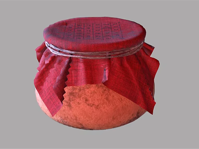 Traditional Rustic Ceramic Wine Bottle Featuring Red Cloth Cover And Knotted Rope Design 3d model