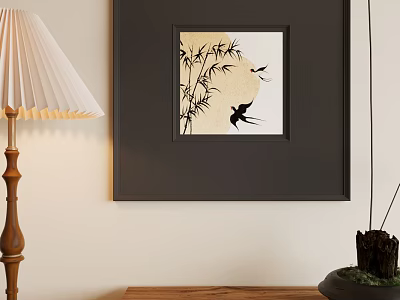 Abstract Painting With Bamboo Moon And Swallow In Dark Frame On Wall 3d model