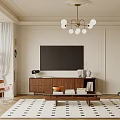 Modern Living Dining Room Interior With Wooden TV Cabinet Spherical Pendant Light And Patterned Rug