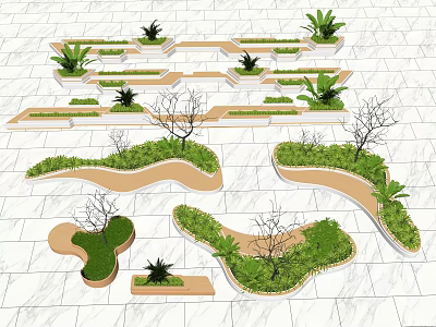 Creative Tree Pits With Various Shapes Greenery And White Marble Floor Design 3d model