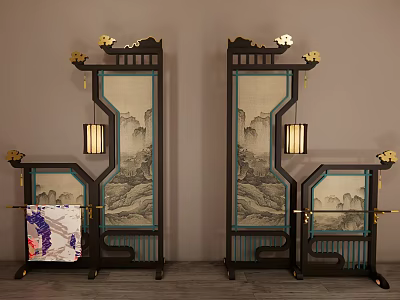 Traditional Chinese Screen With Landscape Painting Wooden Frame And Golden Accents 3d model