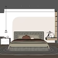 Modern Bedroom Interior Design With Beige Bed Pillows Nightstands Table Lamps And Black White Striped Rug