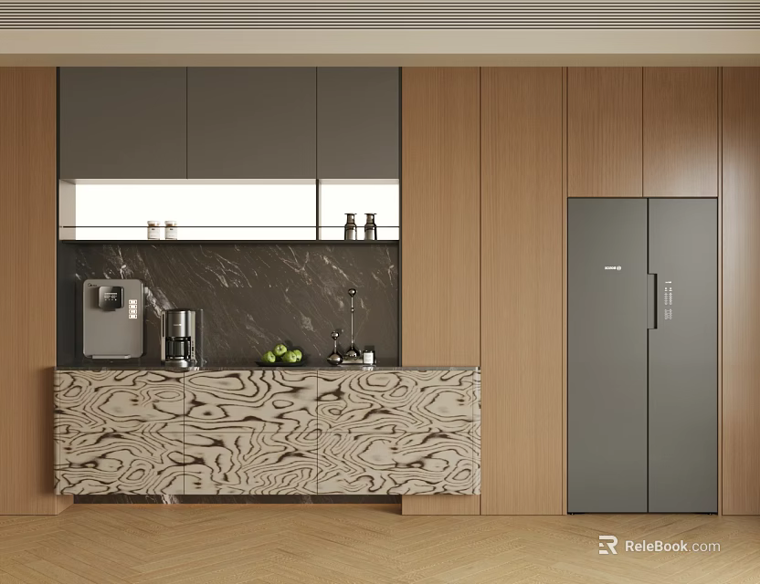 Elegant Modern Sideboard Design With Marble Countertop Coffee Machine Fruits And Refrigerator 3d model 