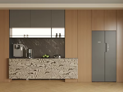 Elegant Modern Sideboard Design With Marble Countertop Coffee Machine Fruits And Refrigerator 3d model