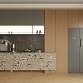 Elegant Modern Sideboard Design With Marble Countertop Coffee Machine Fruits And Refrigerator