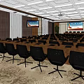 Modern Conference Room Interior Layout With Black Chairs Large Screens Wooden Walls And Patterned Carpet