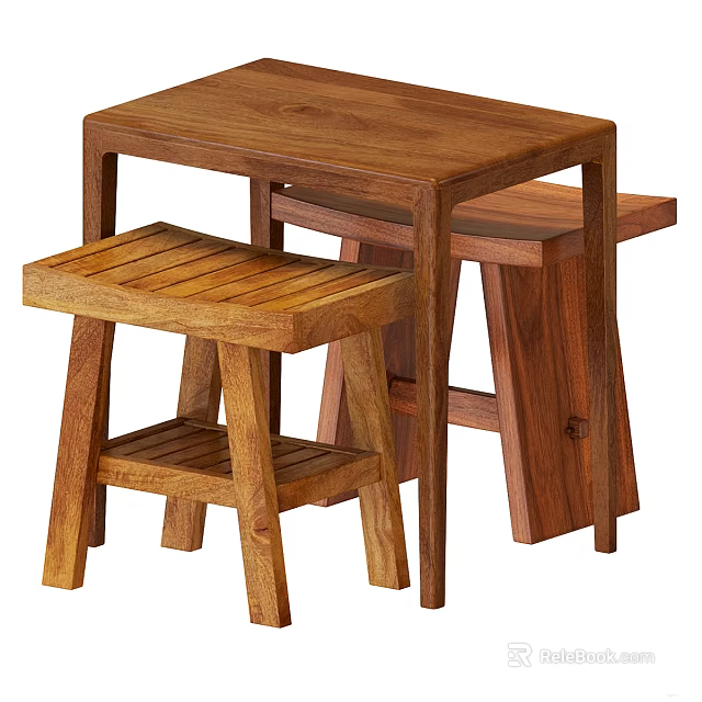 Natural Wood Dining Table Set With Matching Stools And Simple Design 3d model