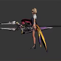 Blonde Female Character in Navy Vest Holding Biomechanical Weapon with Feathery Skirt