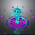 Blue 3D Grid Robot Surrounded By Glowing Neon Shapes Triangles Stars And Rings