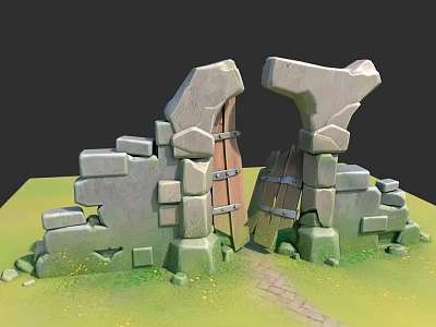 Garden Landscape Featuring Stone Archway Wooden Doors Stone Path Green Grass And Small Flowers 3d model