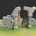 Garden Landscape Featuring Stone Archway Wooden Doors Stone Path Green Grass And Small Flowers