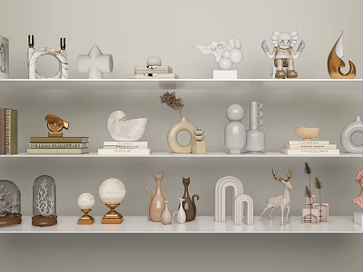 Minimalist Modern Decorative Ornament Set With Swan Figurine Deer Statue And Geometric Shapes On Shelves 3d model