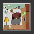 Cartoon Room Scene Featuring Red Sofa TV Bookshelf Lamp Window Curtain And Rug
