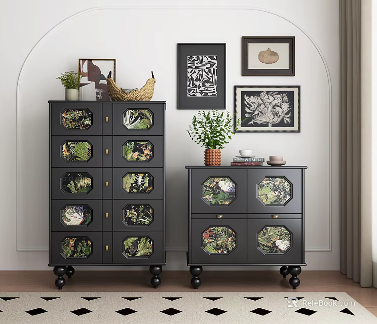 Black Plant Patterned Chest of Drawers With Potted Plants And Framed Artworks 3d model 