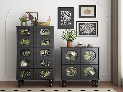 Black Plant Patterned Chest of Drawers With Potted Plants And Framed Artworks 3d model