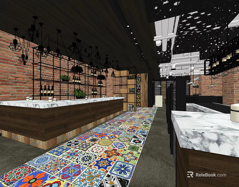 Industrial Style Restaurant Interior With Brick Walls Colorful Tiled Floor Wooden Bar And Hanging Lights 3d model 