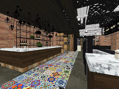Industrial Style Restaurant Interior With Brick Walls Colorful Tiled Floor Wooden Bar And Hanging Lights 3d model