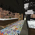 Industrial Style Restaurant Interior With Brick Walls Colorful Tiled Floor Wooden Bar And Hanging Lights