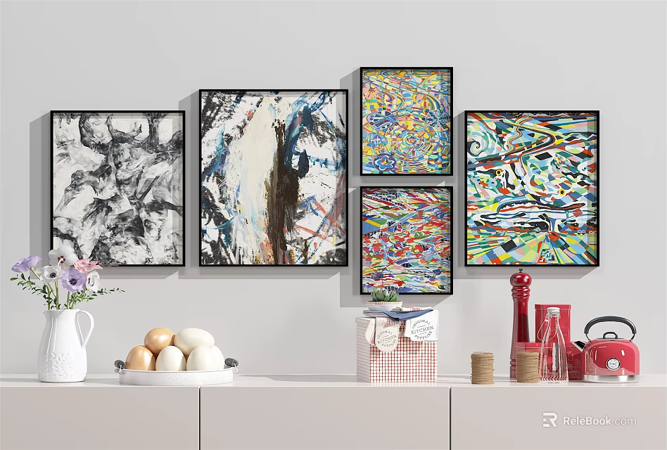 Five Framed Abstract Paintings Wall Decor With Diverse Colorful Styles In Interior 3d model 