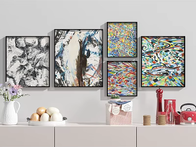 Five Framed Abstract Paintings Wall Decor With Diverse Colorful Styles In Interior 3d model